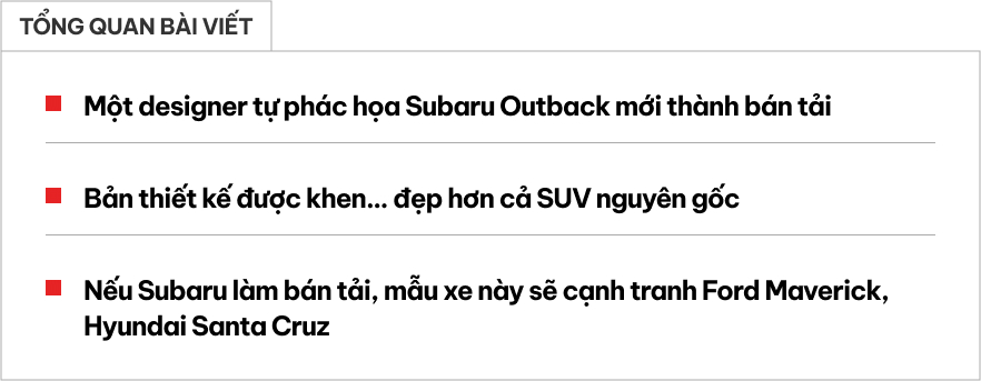 Subaru Outback 2026 mà thành bán tải thế này thì dễ đắt khách: Dáng góc cạnh hầm hố, có thể cạnh tranh đàn em Ranger- Ảnh 1. Subaru Outback 2026 mà thành bán tải thế này thì dễ đắt khách: Dáng góc cạnh hầm hố, có thể cạnh tranh đàn em Ranger- Ảnh 1.