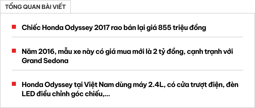 Honda Odyssey bán lại giá 855 triệu đồng, ngang Innova Cross ‘đập hộp’: Cùng phân khúc Carnival, có ghế thương gia- Ảnh 1. Honda Odyssey bán lại giá 855 triệu đồng, ngang Innova Cross ‘đập hộp’: Cùng phân khúc Carnival, có ghế thương gia- Ảnh 1.